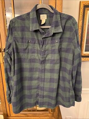 L.L. Bean Navy and Green Plaid Flannel Shirt